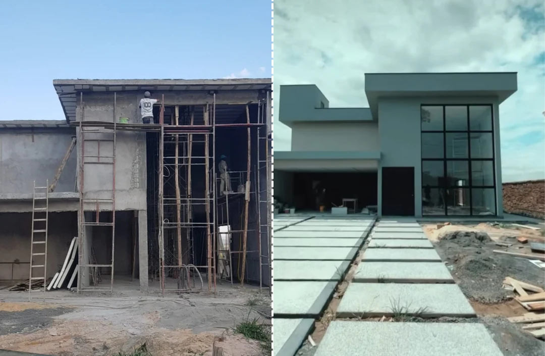 Comparação visual de uma residência durante a construção e após os acabamentos