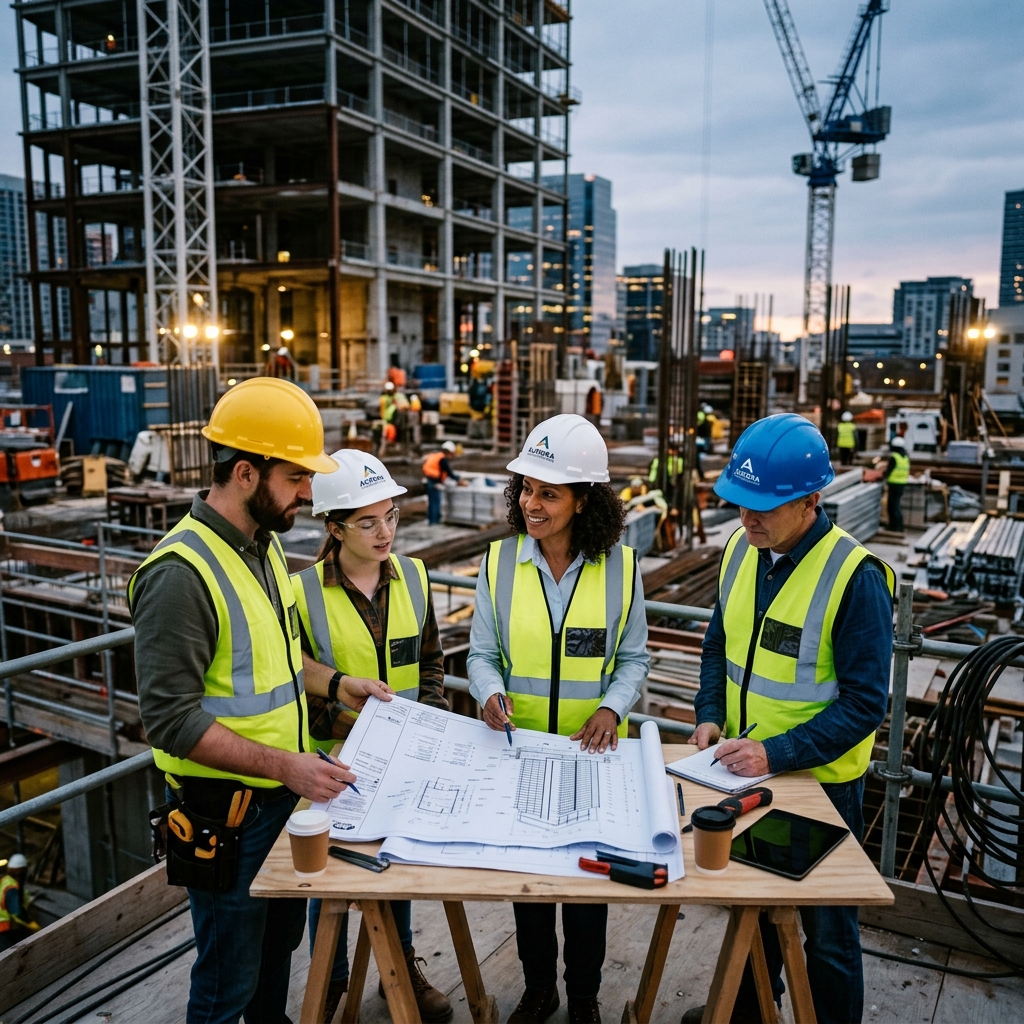 Grupo de engenheiros analisando plantas em um canteiro de obras